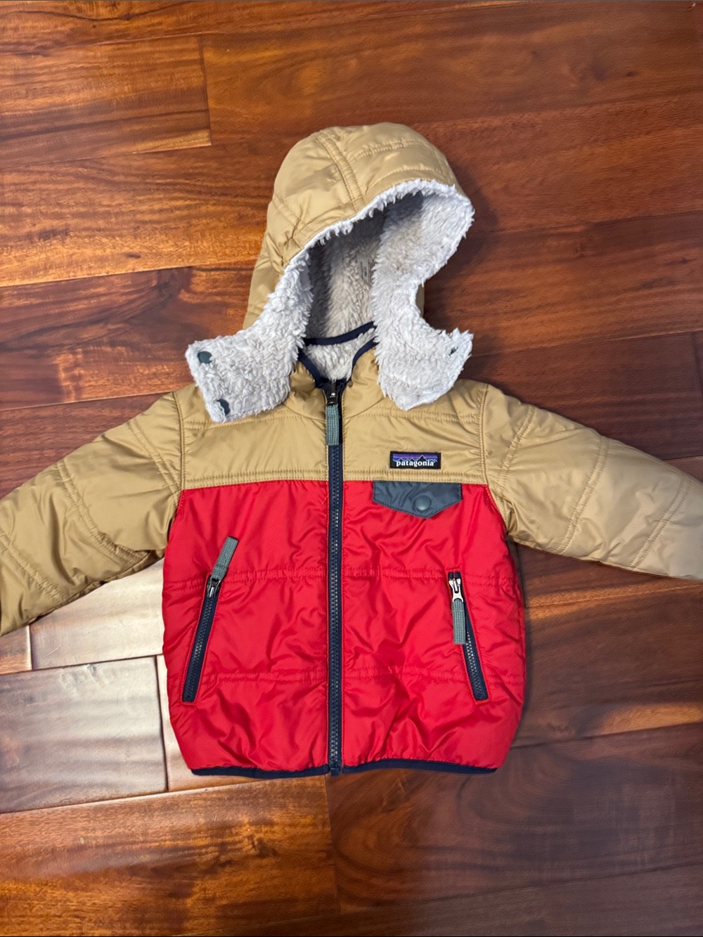 Patagonia Infant Reversible Red and Gold Hooded Puffer Jacket
